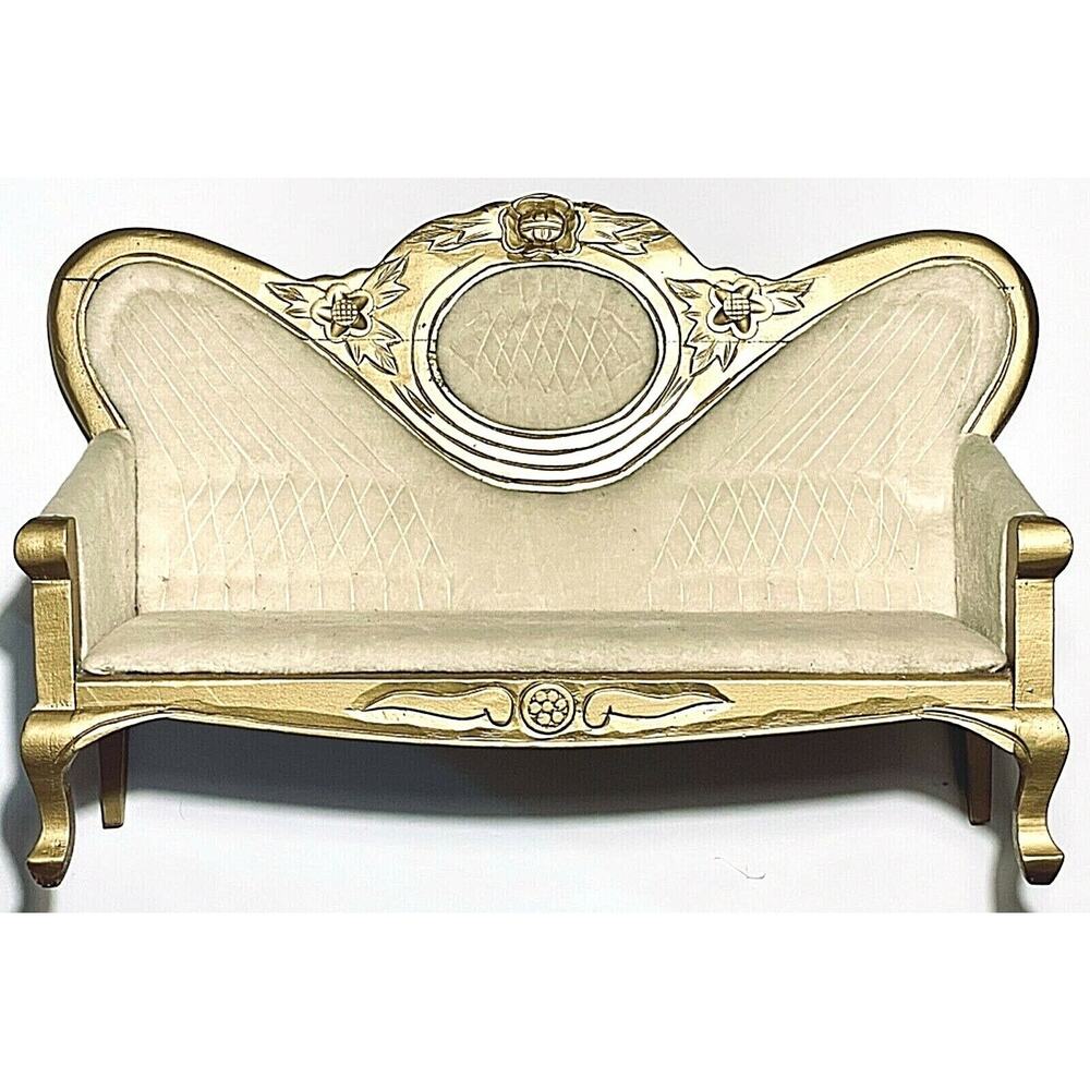 Vntg Ivory Velvet Carved Wood Salesman Sample Victorian Couch Doll Dog Cat Bed